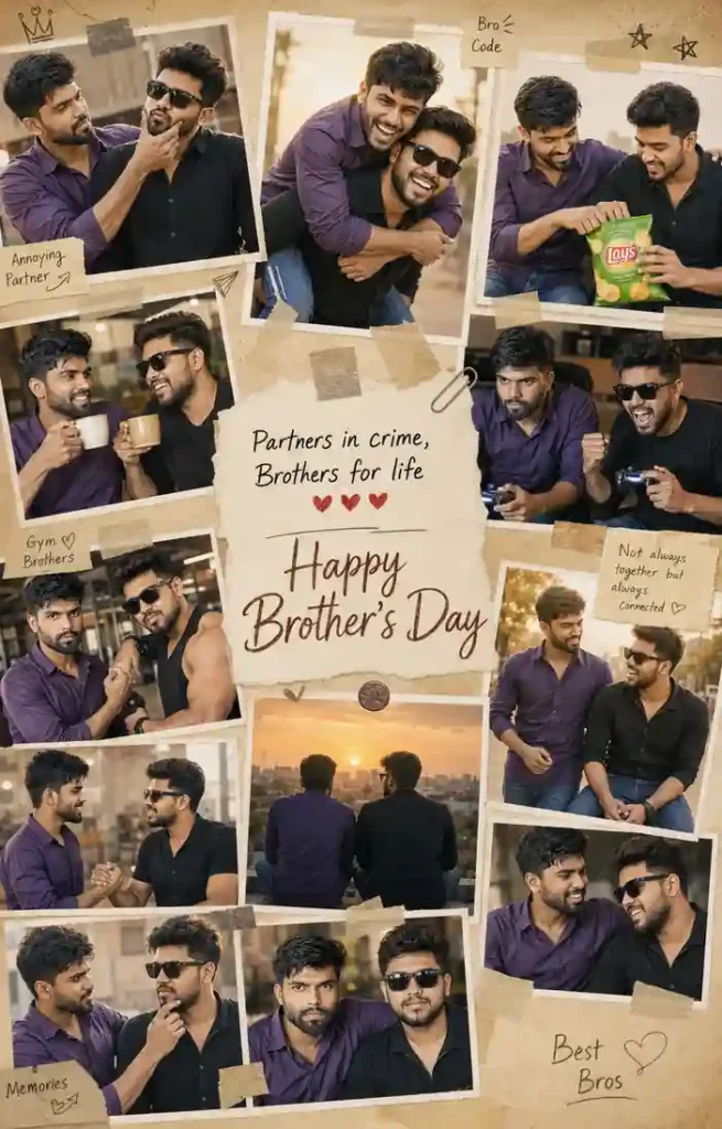 Brothers Day 2026 AI photo prompt brother brother scrapbook collage poster with cinematic memories