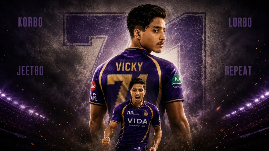 Young man wearing KKR purple jersey with Vicky 71 name in cinematic IPL AI photo editing style