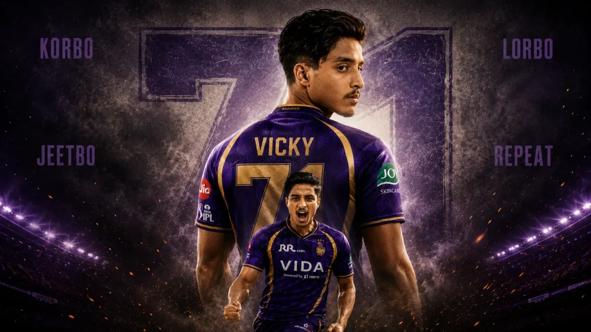 Young man wearing KKR purple jersey with Vicky 71 name in cinematic IPL AI photo editing style