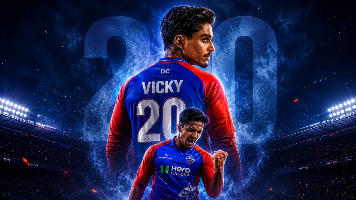 Young man wearing Delhi Capitals blue and red jersey with Vicky 20 name in cinematic IPL AI photo editing prompt