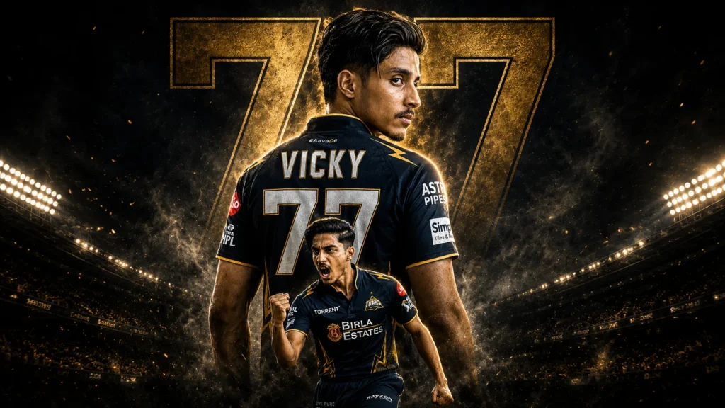 Young man wearing Gujarat Titans dark blue jersey with Vicky 77 name in cinematic IPL AI photo editing style