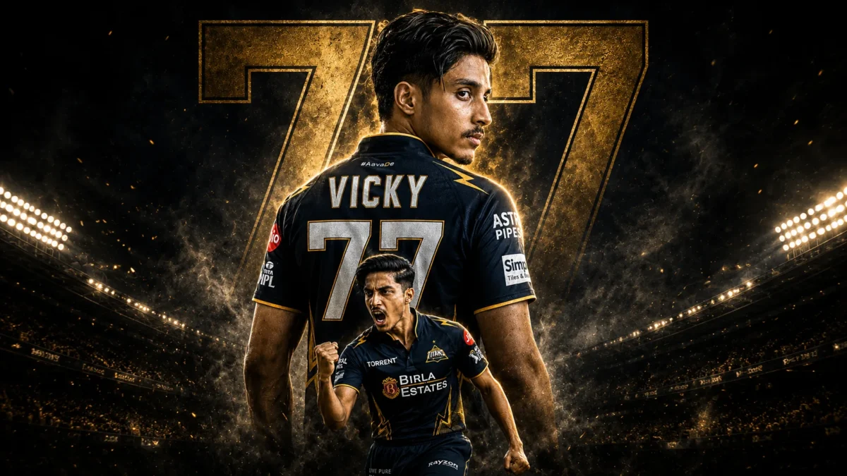 Young man wearing Gujarat Titans dark blue jersey with Vicky 77 name in cinematic IPL AI photo editing style