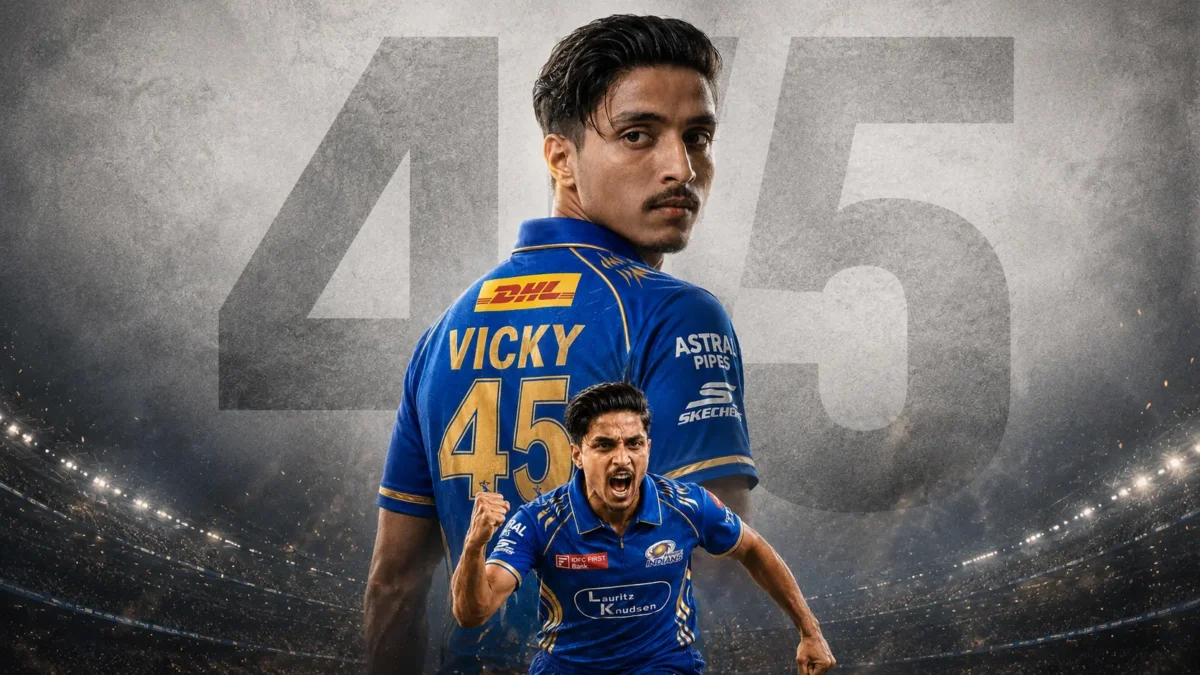 Young man wearing Mumbai Indians jersey with Rohit 45 name in cinematic IPL celebration AI photo Prompt editing style 2026
