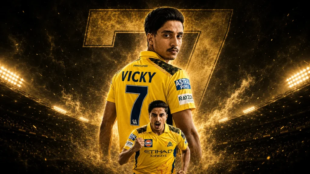 Young man wearing CSK yellow jersey with Vicky 7 name in cinematic IPL AI photo editing style