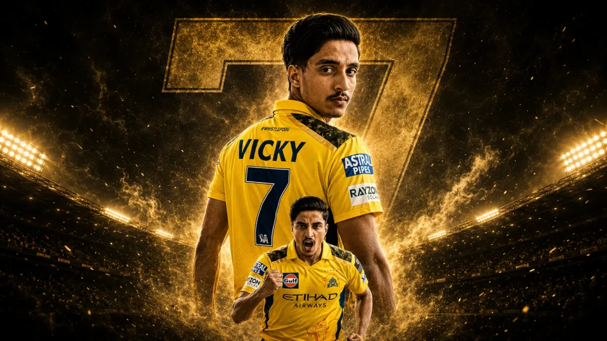 Young man wearing CSK yellow jersey with Vicky 7 name in cinematic IPL AI photo editing style