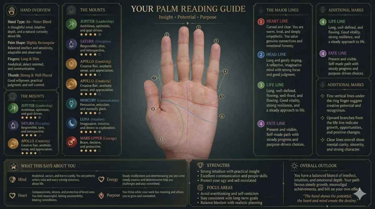 Palm reading guide with labeled hand lines and astrology elements, AI photo editing prompts 2026 concept