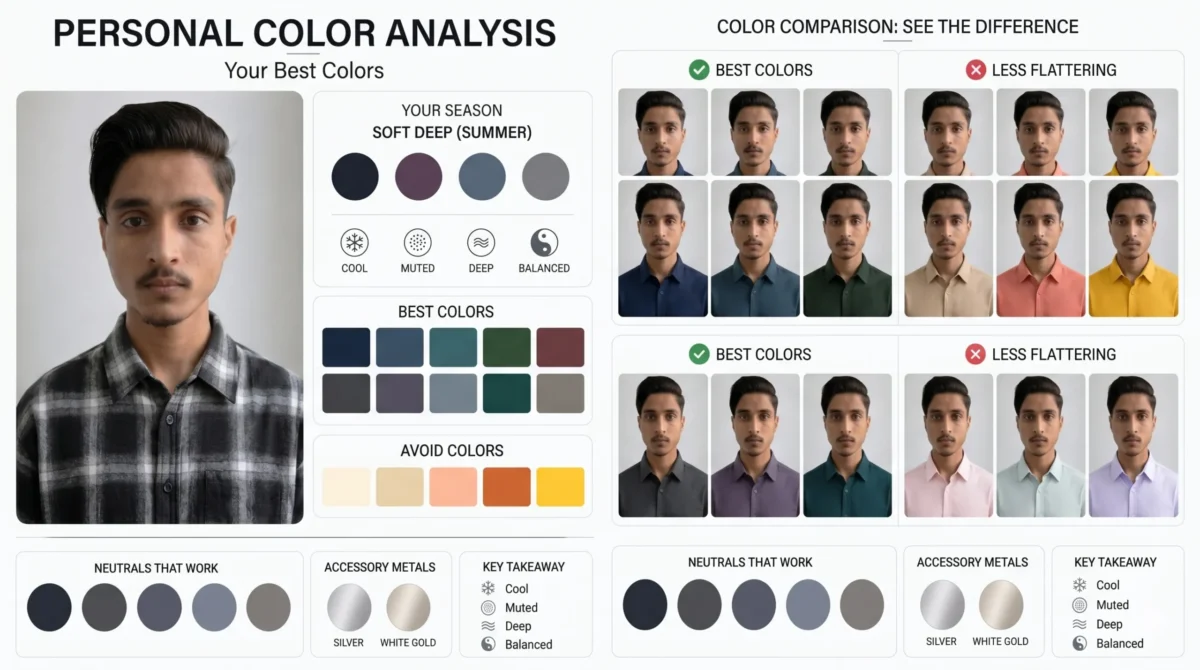 Skin tone colour analysis infographic showing best and worst colours for cool undertone with AI photo editing comparison 2026