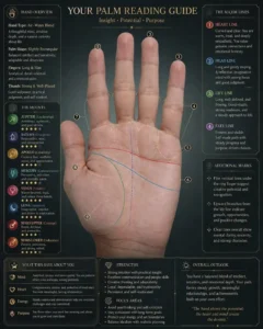 Palm reading guide with labeled hand lines and astrology elements, AI photo editing prompts 2026 concept prompt