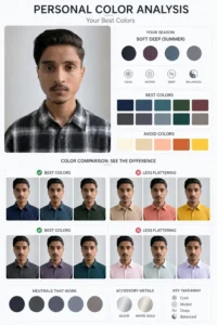 Skin tone colour analysis infographic showing best and worst colours for cool undertone with AI photo editing comparison 2026