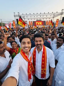 This image shows a large political rally crowd inspired by Thalapathy Vijay’s Tamilaga Vettri Kazhagam (TVK). The scene captures a leader-style moment with supporters, flags, and stage visuals, representing AI-generated political photo editing concepts for 2026.