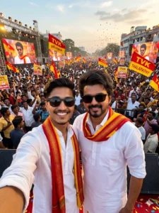 This image shows a large political rally crowd inspired by Thalapathy Vijay’s Tamilaga Vettri Kazhagam (TVK).
