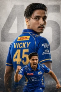 Young man wearing Mumbai Indians jersey with Vicky 45 name in cinematic IPL celebration AI photo editing Prompt 2026