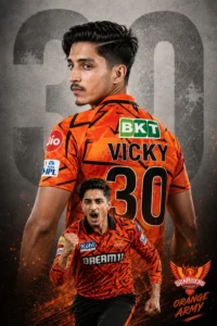 SRH team AI photo editing featured image showing a young cricket fan in an orange-and-black Sunrisers Hyderabad-inspired jersey with cinematic sports lighting, dramatic fire spark effects, and professional IPL poster aesthetics.