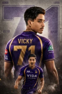 Kolkata Knight Riders AI photo editing featured image showing a young cricket fan in a purple-and-gold KKR-inspired jersey with cinematic sports lighting, dramatic stadium atmosphere, and professional IPL poster aesthetics.