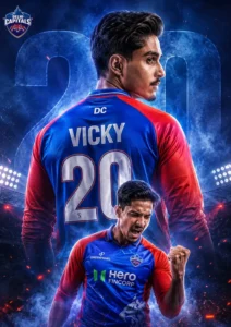 Delhi Capitals IPL AI photo editing featured image showing a young cricket fan in a blue-and-red DC-inspired jersey with cinematic sports lighting, glowing stadium atmosphere, smoke effects, and professional IPL poster aesthetics.