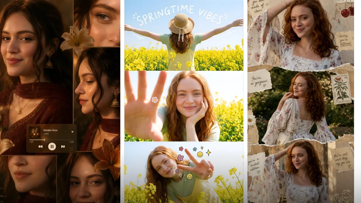 Aesthetic three layer AI photo editing prompts of girls with golden hour, spring vibes, and cinematic portrait styles
