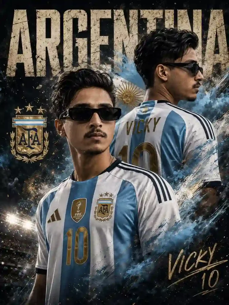 Argentina jersey prompt Messi style AI football poster in Argentina national team kit with cinematic stadium background
