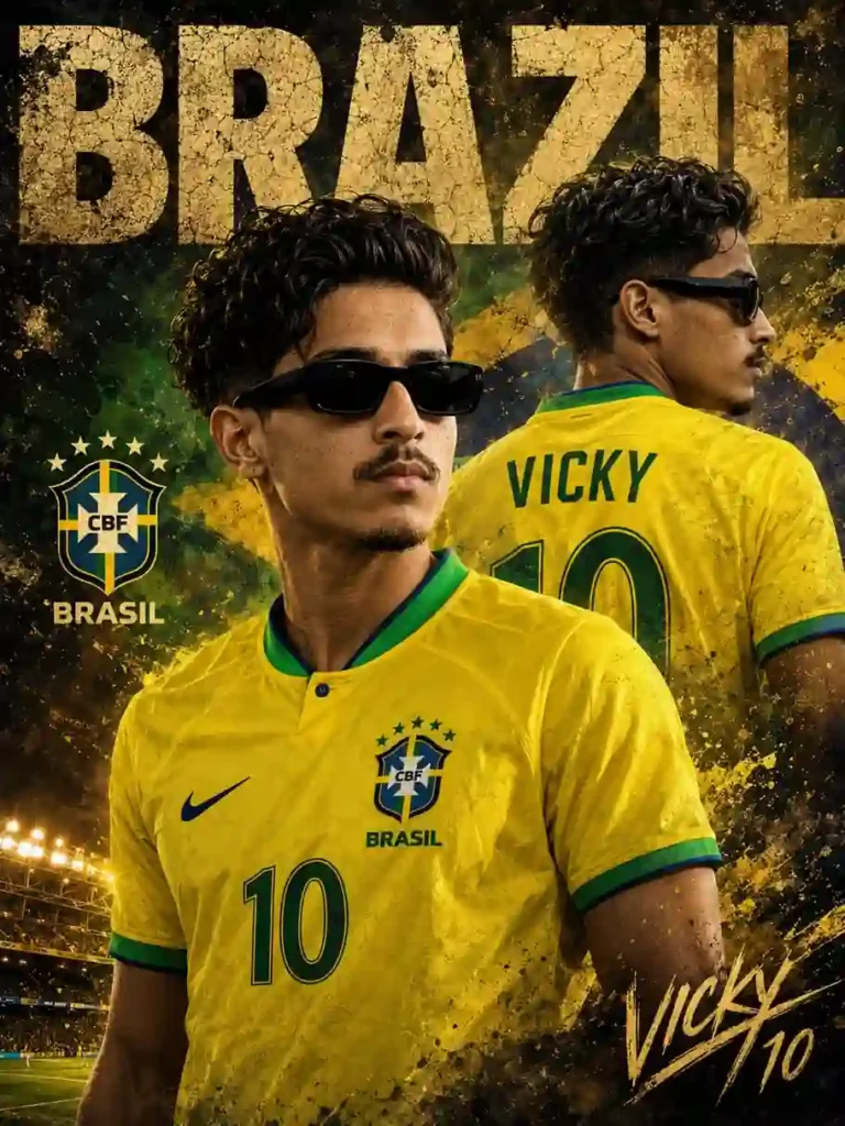 Brazil jersey prompt AI football poster with Brazil national team jersey and cinematic stadium background