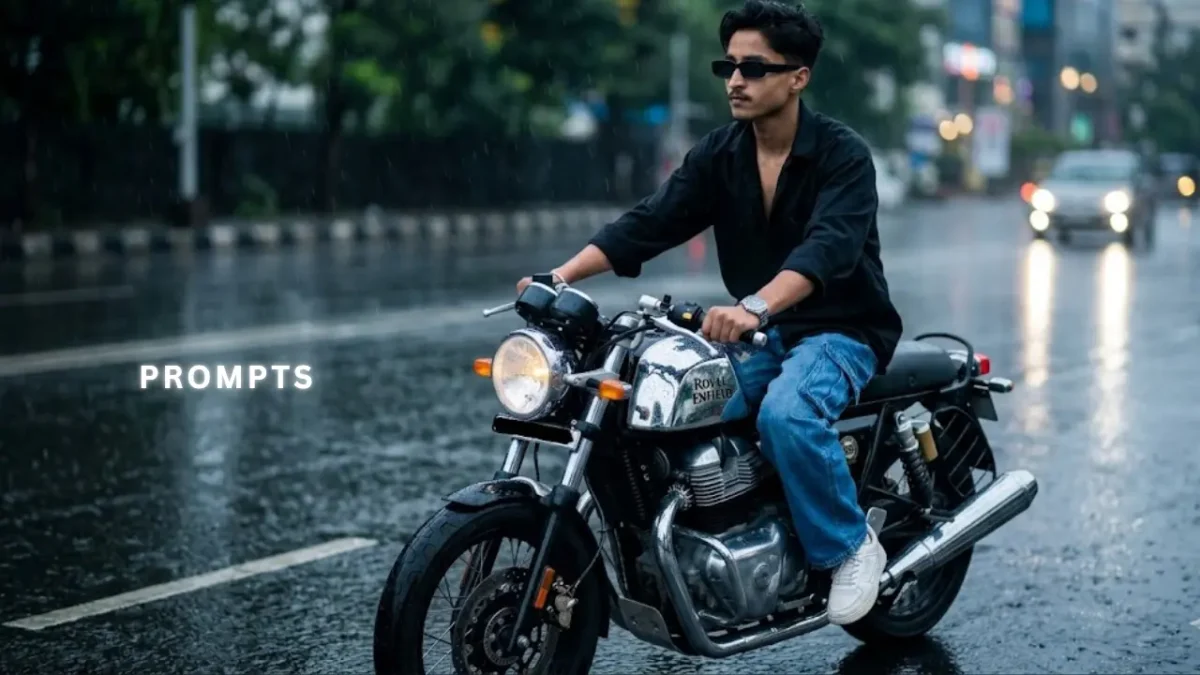 Royal Enfield GT650 rainy cinematic AI photo editing prompt for boys 2026