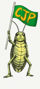 Illustration of the Cockroach Janta Party Prompt mascot holding a green CJP flag with glowing text.