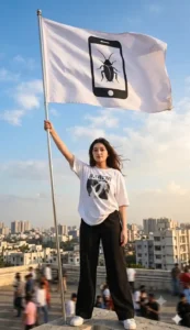Girl holding Cockroach Janta Party white flag with cockroach phone symbol against Indian city skyline — AI portrait created using ChatGPT