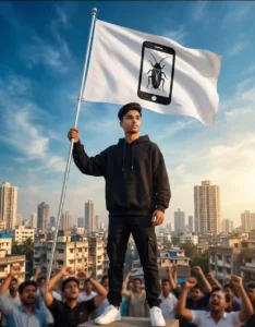 Boy holding Cockroach Janta Party white flag with cockroach phone symbol while crowd cheers in Indian city skyline — AI photo prompt result using ChatGPT