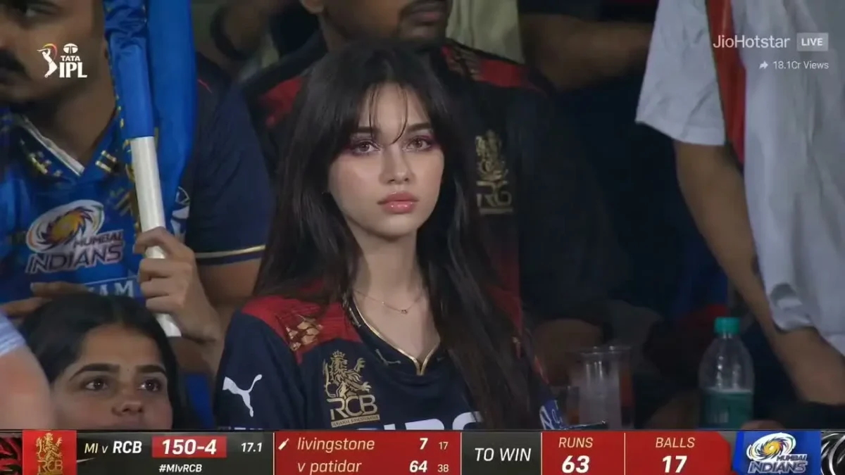 Young cricket fan shown on IPL stadium broadcast screen in cinematic AI-generated sports telecast style created using Google Gemini AI video prompts.