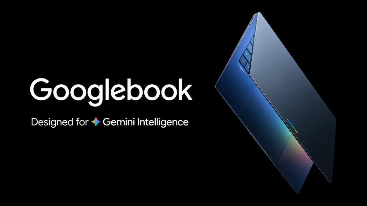 Googlebook AI laptop concept featuring Gemini Intelligence branding and a premium futuristic laptop design on a black background