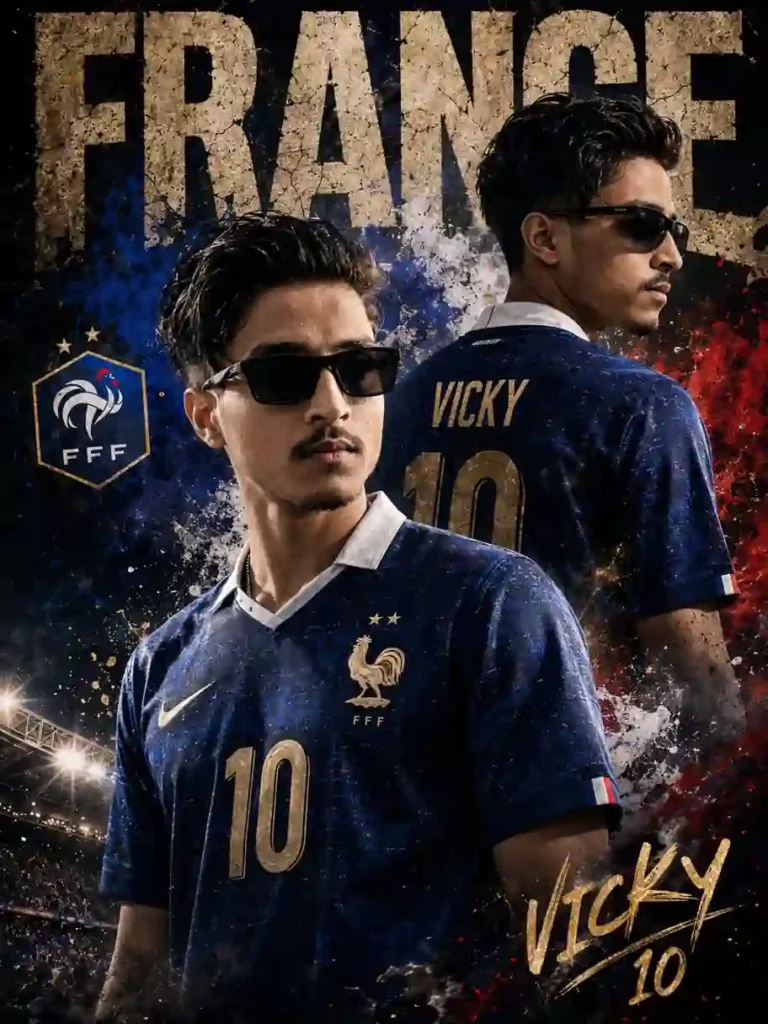 France jersey prompt AI football poster with France national team jersey and cinematic stadium background