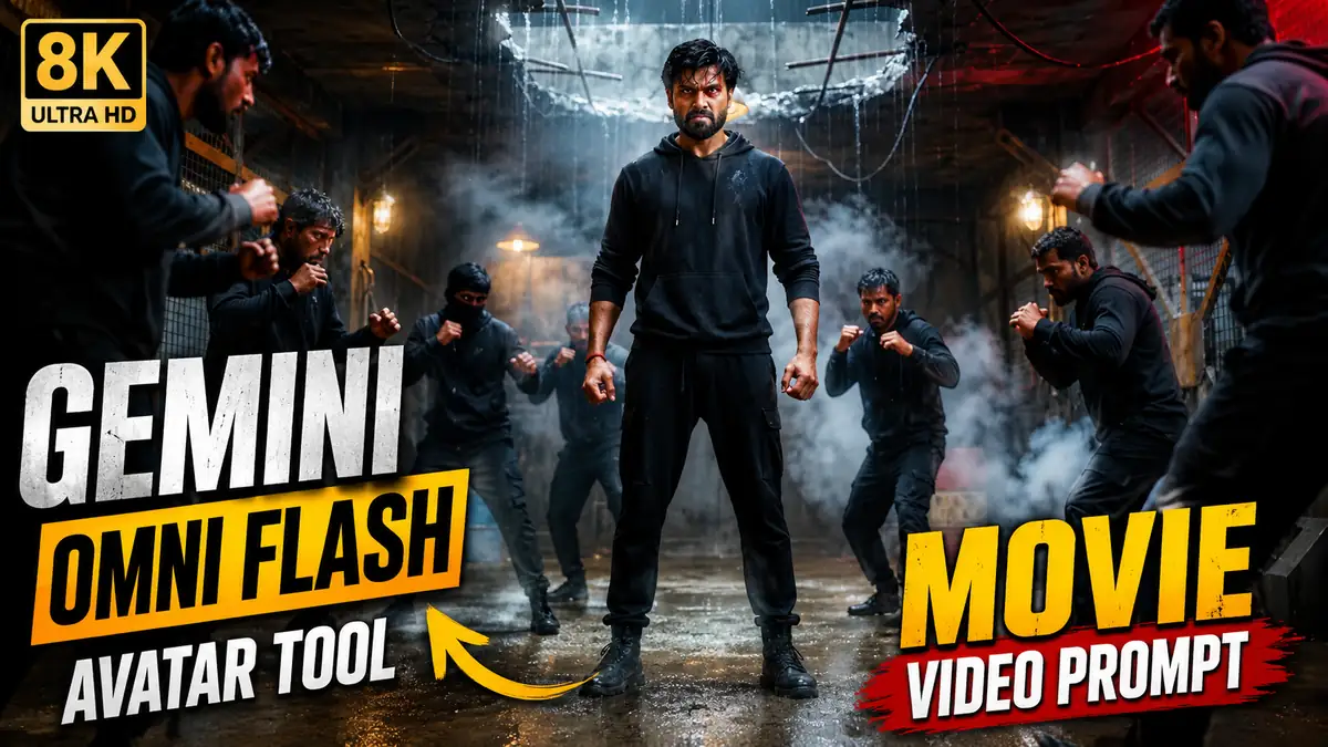 Gemini Omni Flash Avatar tool cinematic fighting scene video prompt — Indian male hero in underground arena with glowing red eyes — created using Google Flow