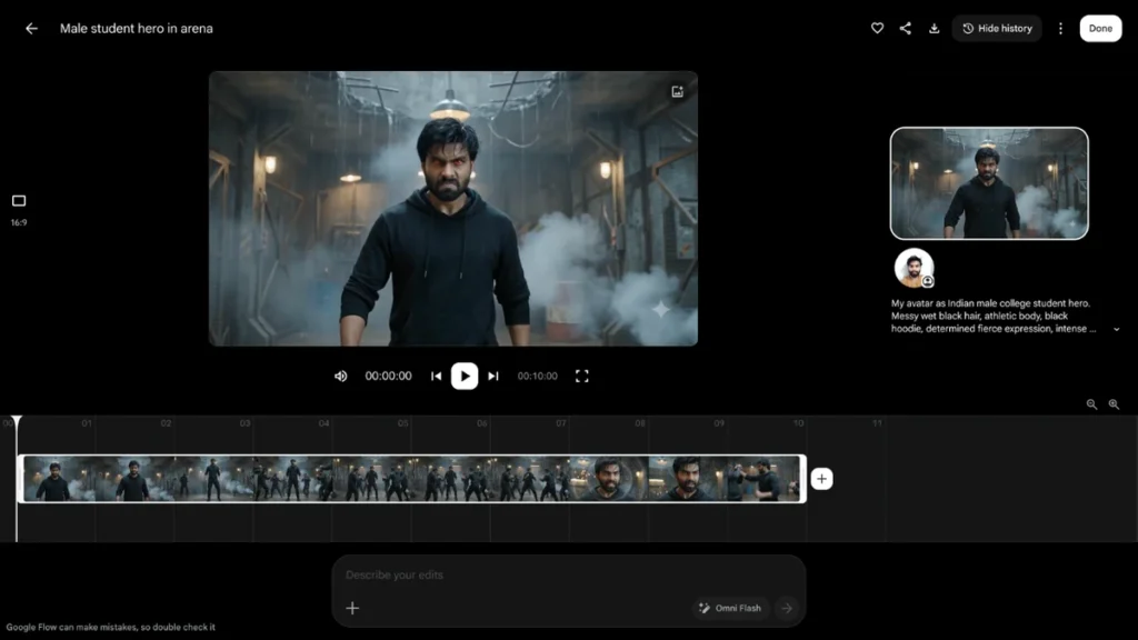 Gemini Omni Flash Avatar Tool movie video prompt interface for creating cinematic AI avatar videos with realistic scenes