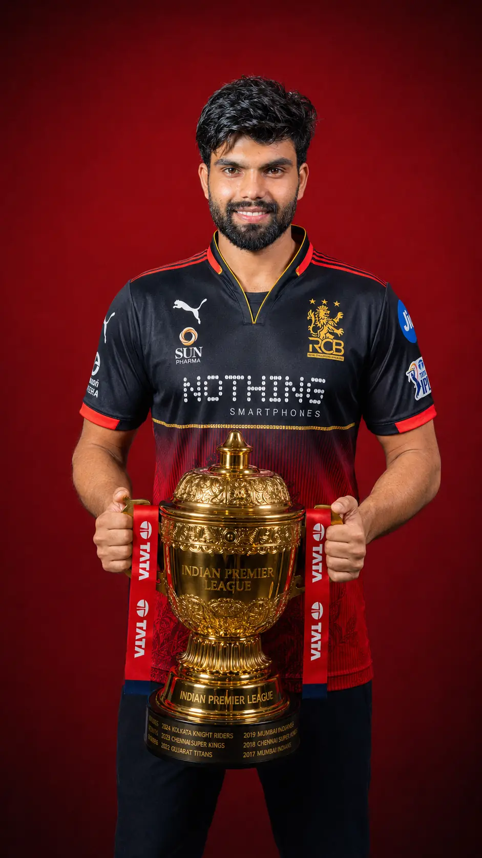 HOLDING TROPHY RCB AI PHOTO EDITING Prompt Professional IPL winner photoshoot portrait of an RCB player holding the Indian Premier League trophy with a champion smile against a red studio background. rcb ai photo prompt