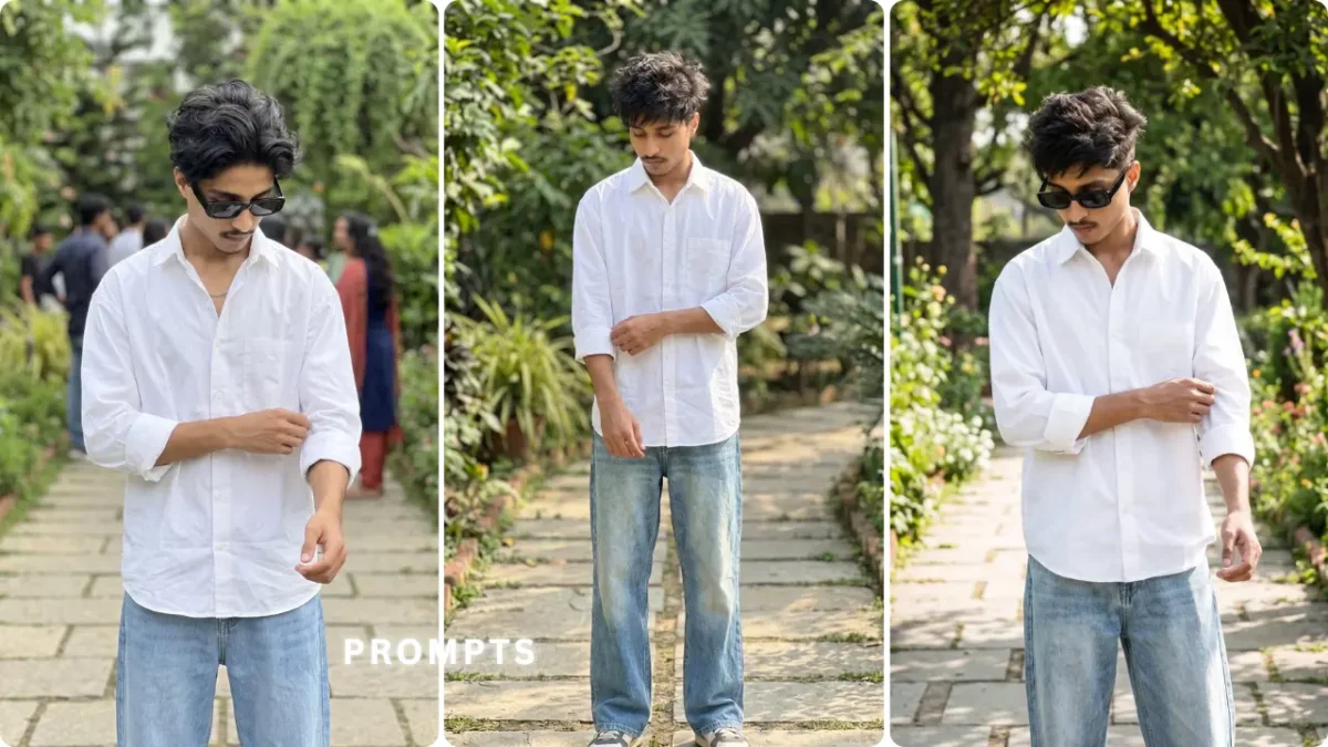 Boy posing in white shirt with aesthetic cinematic AI photo editing prompt style for Instagram and realistic portrait prompts 2026