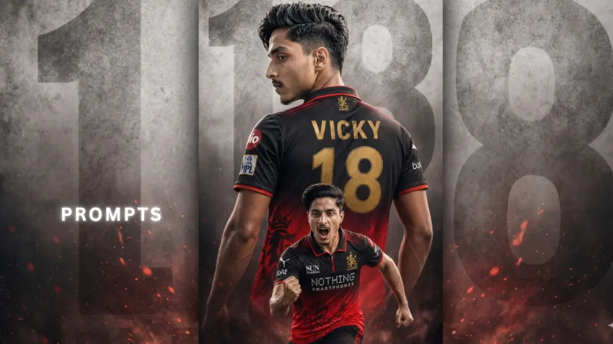 Young man wearing RCB jersey with Vicky 18 name in cinematic cricket celebration AI photo editing style prompt 2026