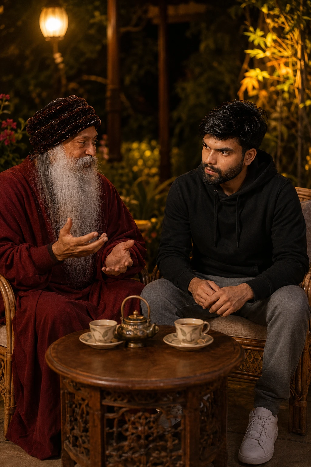 Osho AI photo prompt evening tea conversation with student in spiritual garden