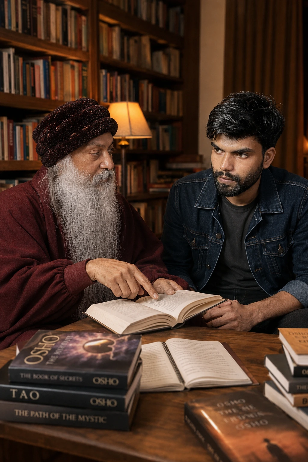 Osho AI photo prompt spiritual library study scene with student and Osho surrounded by books