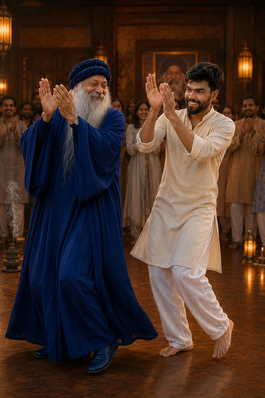 Osho AI photo prompt spiritual clap dance in meditation hall with joyful movement