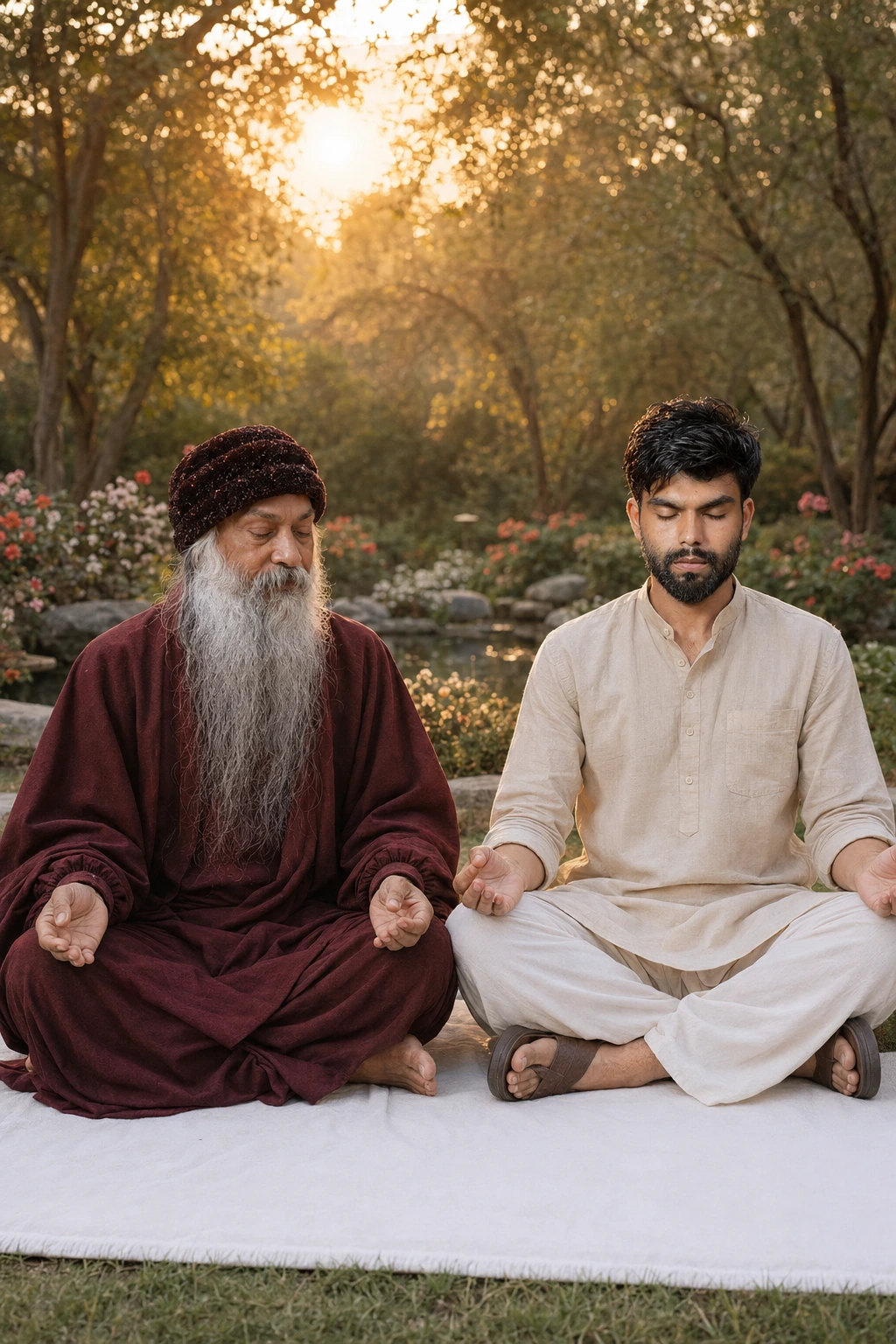 Osho AI photo prompt sunrise meditation in peaceful garden with student and Osho