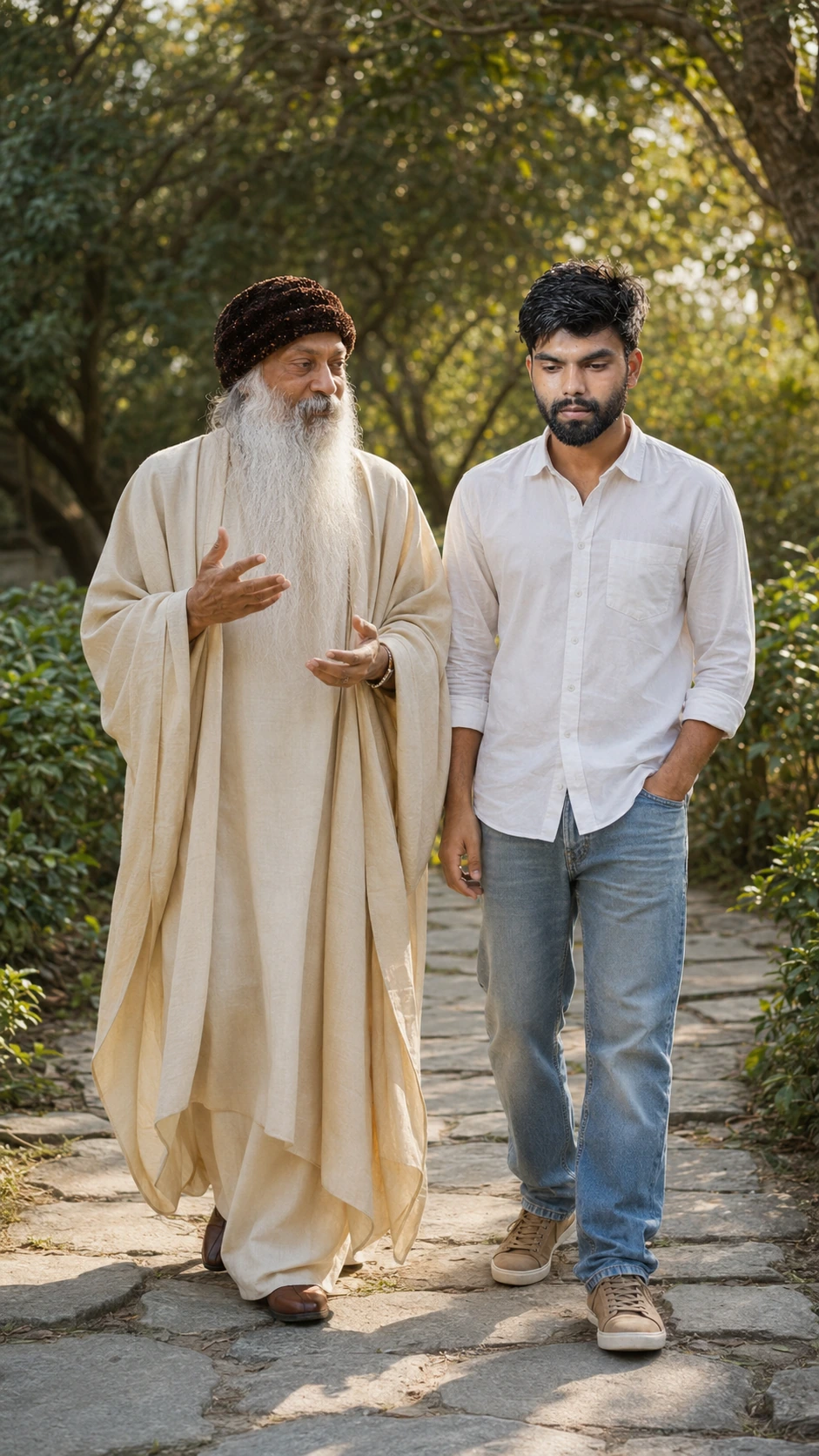 Osho AI photo prompt walking with Osho in peaceful meditation garden pathway