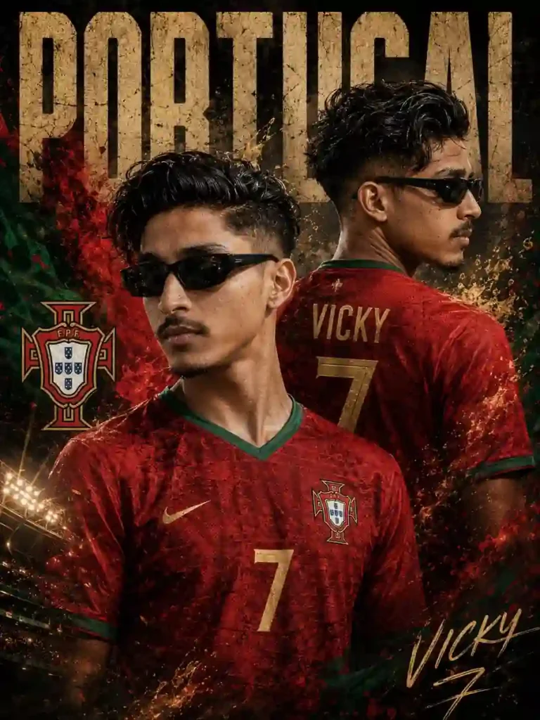 Portugal jersey prompt Cristiano Ronaldo style AI football poster with Portugal national team jersey and cinematic stadium background