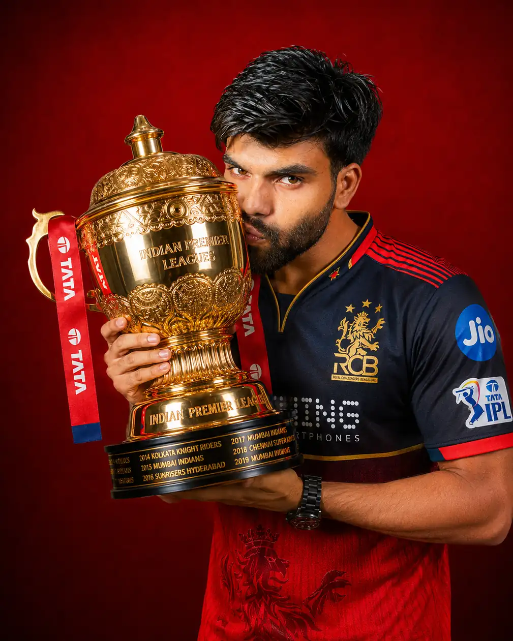 Trophy kiss pose RCB AI Prompt RCB winning IPL trophy AI photo prompt showing player kissing the IPL trophy in a red studio background