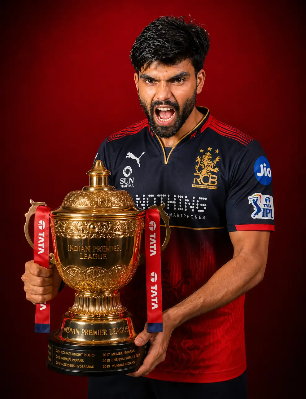 Aggression RCB AI Trophy Prompt RCB winning IPL trophy AI photo prompt with Royal Challengers Bengaluru player holding trophy and celebrating victory
