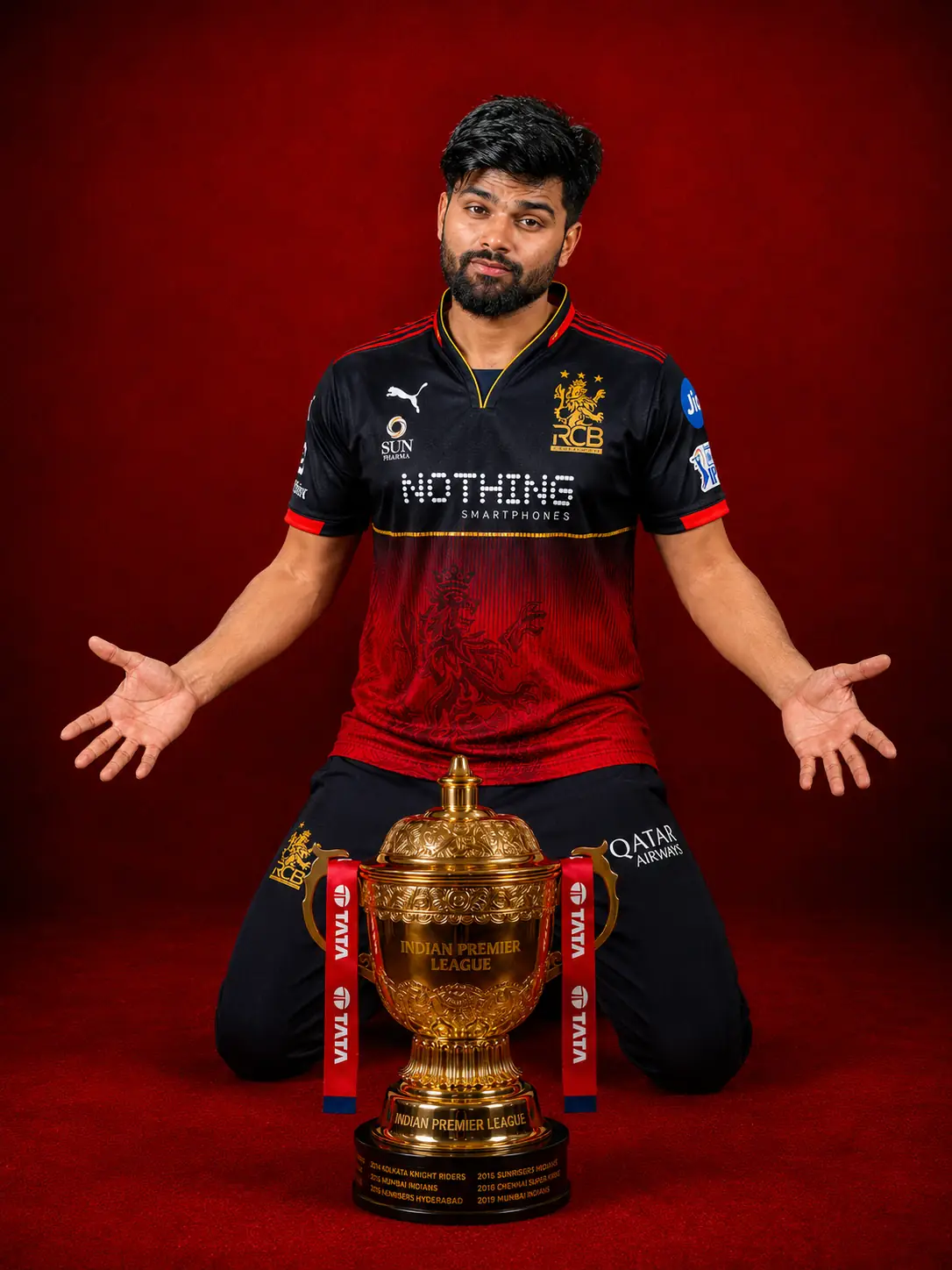 Kneeling trophy celebration RCB Prompt RCB Winning IPL Trophy AI Photo Prompt. Kneeling Champion kabay pose. hardik pandiya pose