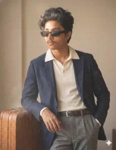 Stylish aesthetic boy portrait in blazer and sunglasses with vintage Instagram prompt style