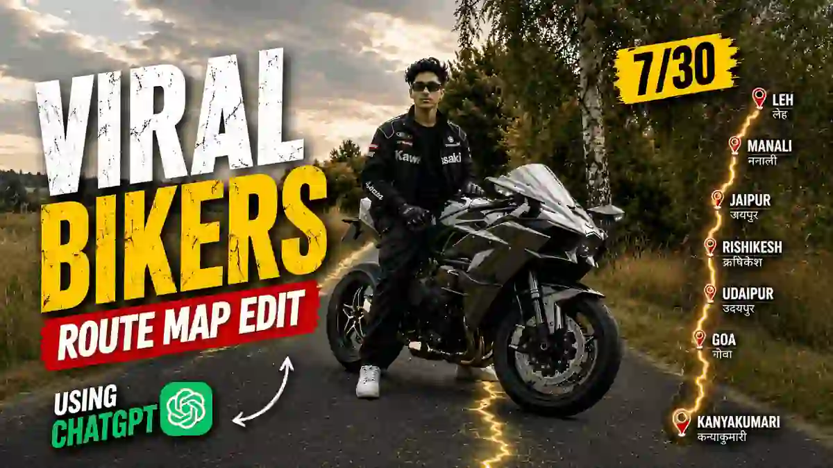 Biker standing on road with Wheelsafar ride stats glowing golden yellow from asphalt beneath — cinematic AI photo prompt result using ChatGPT