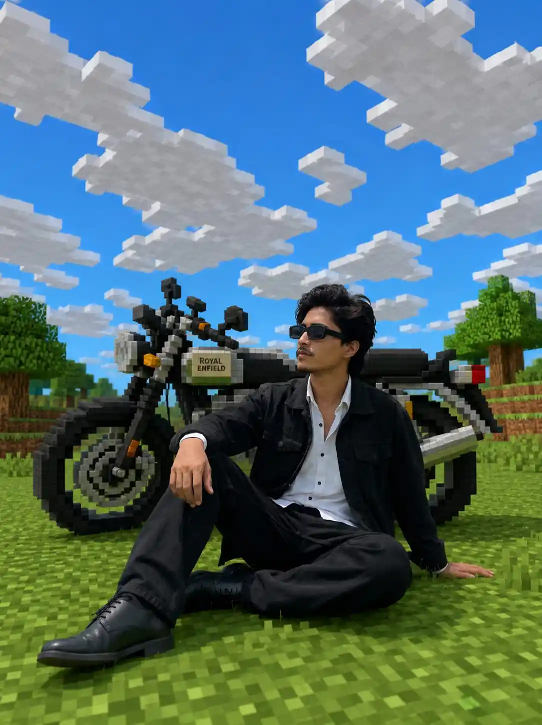 Realistic Minecraft world AI photo featuring a person sitting beside a Royal Enfield motorcycle