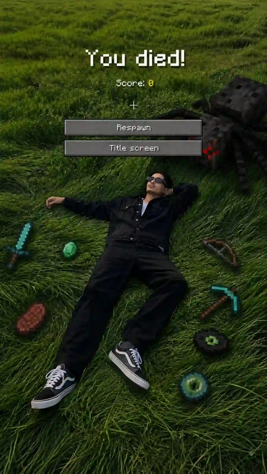 Realistic Minecraft death screen AI photo with player lying on grass surrounded by Minecraft items and spider
