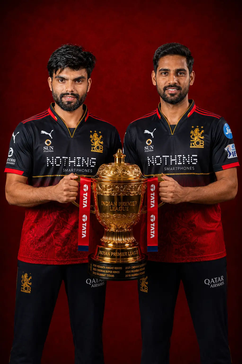 RCB IPL 2026 AI portrait with Bhuvneshwar Kumar AI Photo AI Photo Prompt and fan holding Indian Premier League trophy