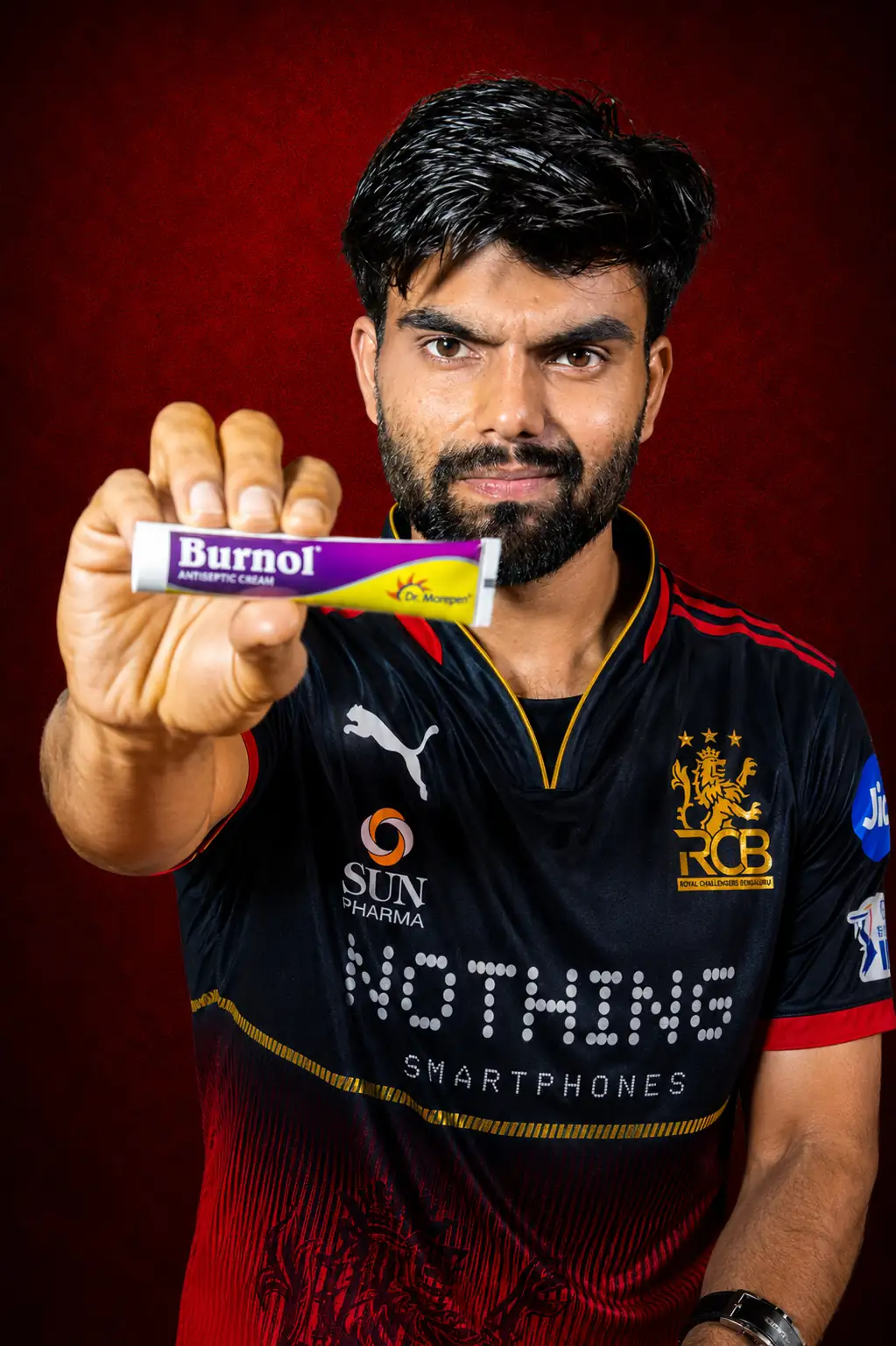 RCB Virat Kohli Burnol meme AI photo Prompt with fan holding Burnol cream in playful pose