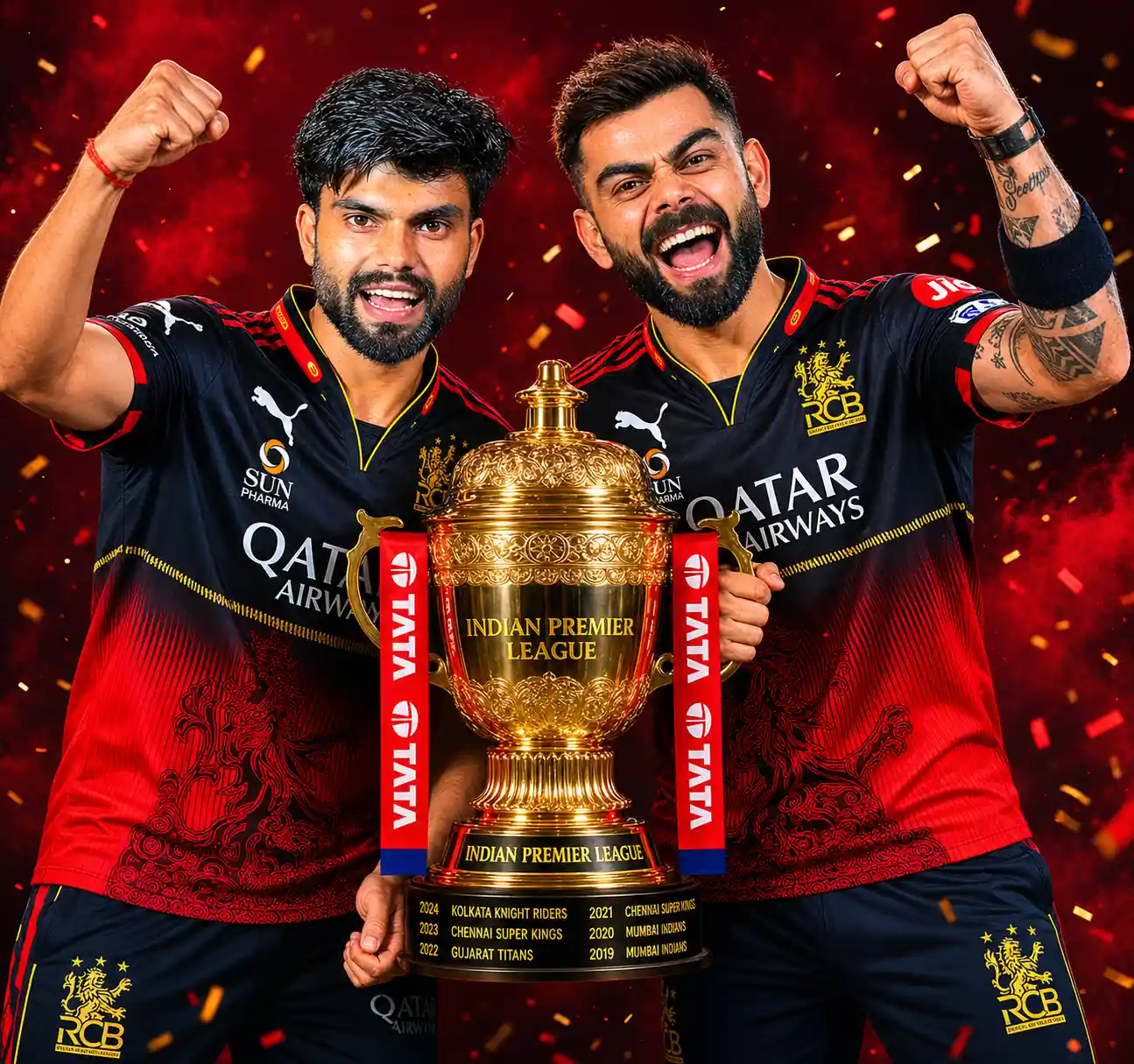 RCB IPL 2026 AI winner celebration portrait with Virat Kohli AI Photo Editing Prompt 2026 holding trophy and raising fist